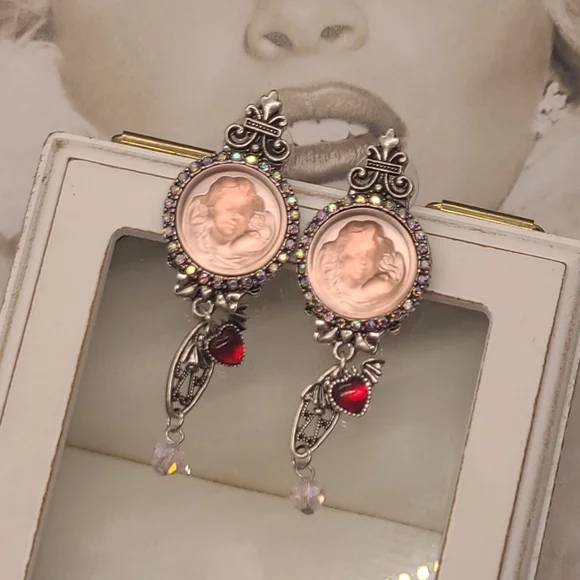 Vintage Signed Kirks Folly Whimsical Pink Cameo Crystal Ornate Silver Earrings
